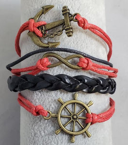 AZ985 Red & Black Anchor Ship Wheel Infinity Layer Leather Bracelet