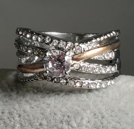 R258 Silver Rose Gold Accent Multi Rhinestone Ring - Iris Fashion Jewelry