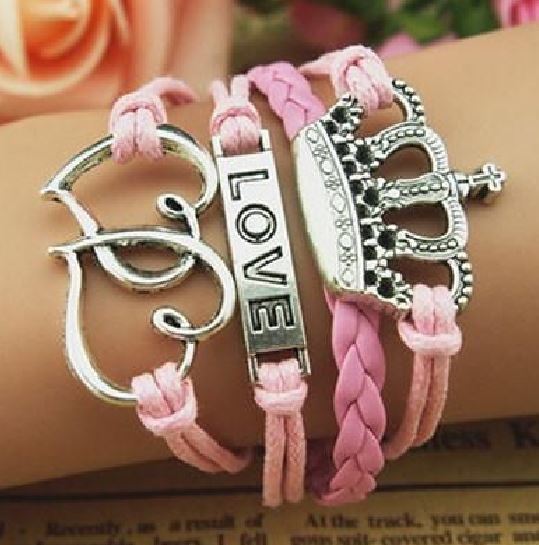 AZ1131 Light Pink Crown Love Heart Infinity Leather Layer Bracelet