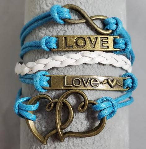 AZ1516 Turquoise Blue & White Love Heart Infinity Layer Leather Bracelet