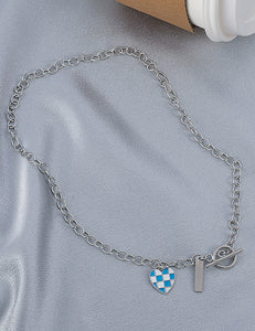 AZ63 Silver Blue & White Checkered Heart Necklace with FREE EARRINGS - Iris Fashion Jewelry