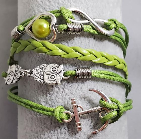 AZ306 Lime Green Owl Anchor Heart Infinity Leather Layer Bracelet