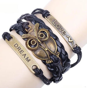 AZ1191 Black Love Owl Dream Infinity Leather Layer Bracelet