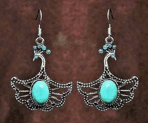 E474 Silver Turquoise Crackle Stone Peacock Earrings