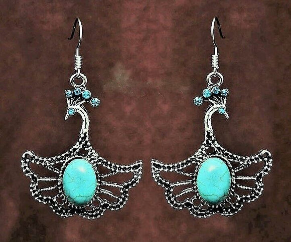 E474 Silver Turquoise Crackle Stone Peacock Earrings