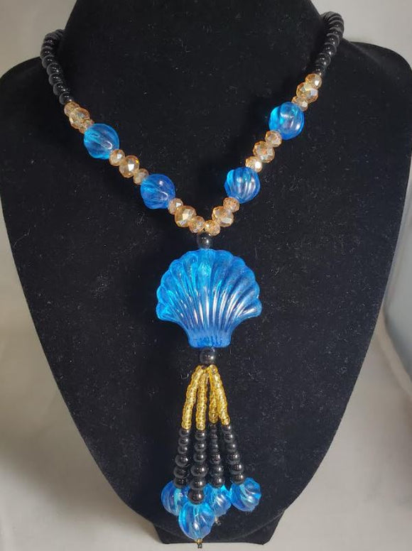 N1829 Black Bead Fashion Blue Sea Shell Glass Long Necklace With Free Earrings - Iris Fashion Jewelry
