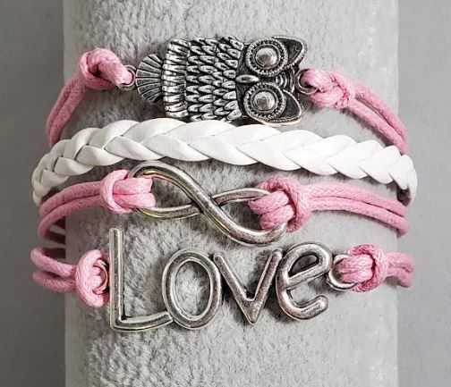 AZ757 Pink & White Owl Love Infinity Leather Layer Bracelet