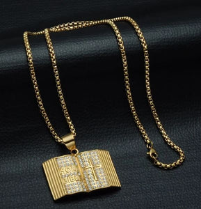 AZ421 Gold Rhinestone Bible Necklace with FREE EARRINGS