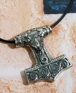 AZ703 Silver Viking Hammer Pendant on Leather Cord Necklace