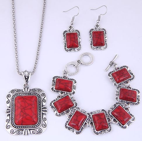 N704 Silver Red Rectangle Crackle Stone Necklace and Bracelet with FREE Earrings