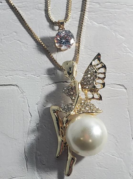 AZ403 Gold Rhinestone Fairy Sitting on Pearl Necklace with FREE Earrings