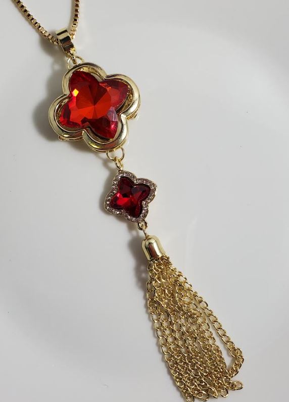 AZ997 Gold Red Gemstone Tassel Necklace with FREE Earrings