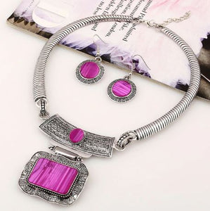 N274 Silver with Fuchsia Gem Statement Choker Necklace with FREE Earrings