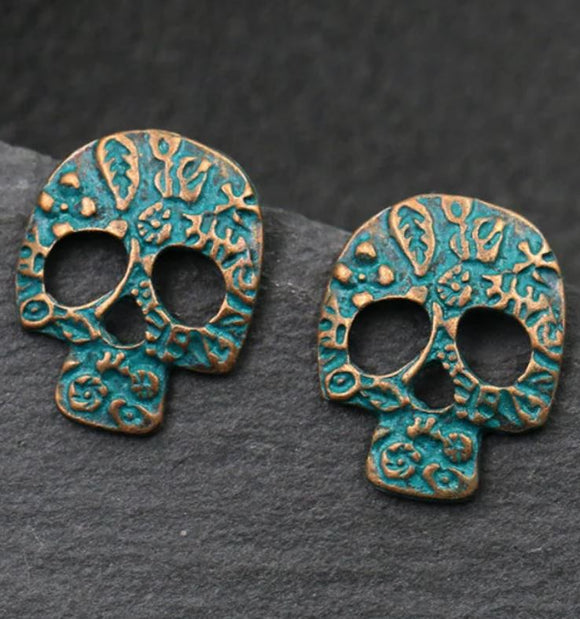 E978 Bronze Distressed Skull Stud Earrings