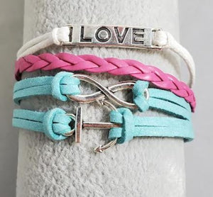 AZ1291 Mint Green Pink & White Love Anchor Infinity Layer Leather Bracelet