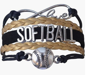 AZ1119 Black & Gold Softball Love Infinity Leather Bracelet