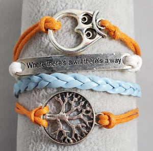 AZ1286 Orange & Light Blue Where There's A Will There's A Way Owl Tree Infinity Layer Leather Bracelet