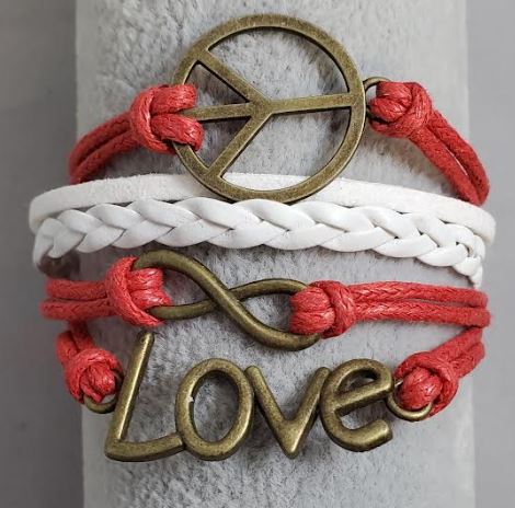 AZ1354 Red & White Peace Love Infinity Layer Leather Bracelet