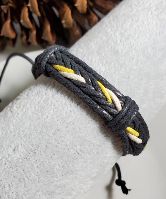 B1073 Black Yellow White Braided Cord Leather Bracelet