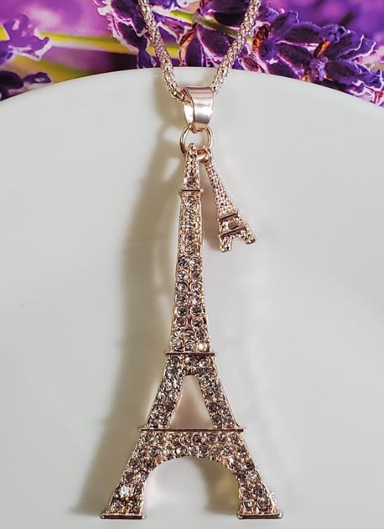 AZ227 Rose Gold Rhinestone Eiffel Tower Necklace with FREE EARRINGS