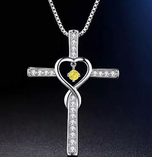 N345 Silver Rhinestone Cross Yellow Gem Necklace with FREE EARRINGS - Iris Fashion Jewelry