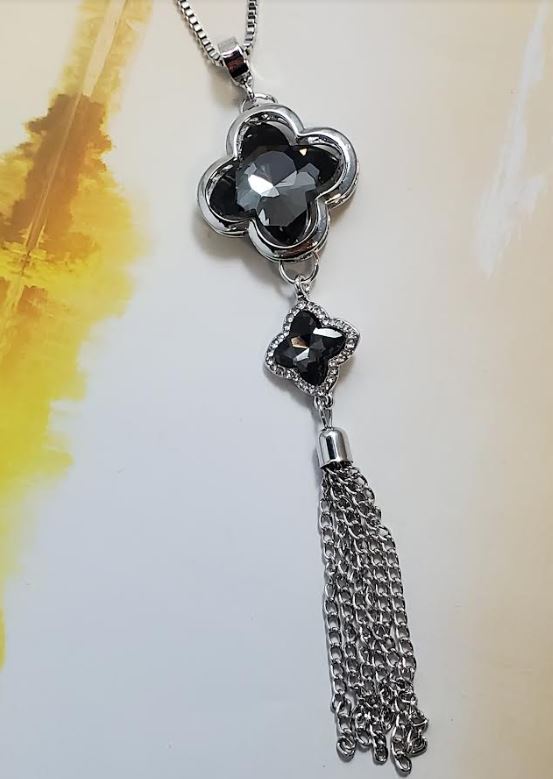 N1117 Silver Gray Gemstone Tassel Necklace with FREE Earrings