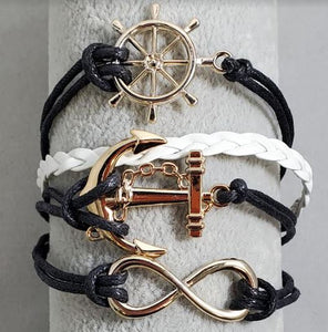 AZ1122 Black & White Ship Wheel Anchor Infinity Layer Leather Bracelet