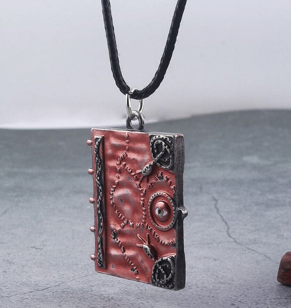 N1934 Silver Red Spell Book on Leather Cord Necklace with FREE EARRINGS