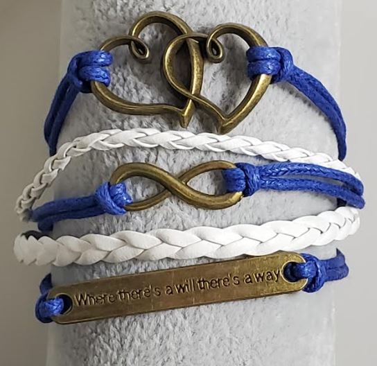 B781 Blue & White Where There's A Will There's A Way Heart Infinity Leather Layer Bracelet
