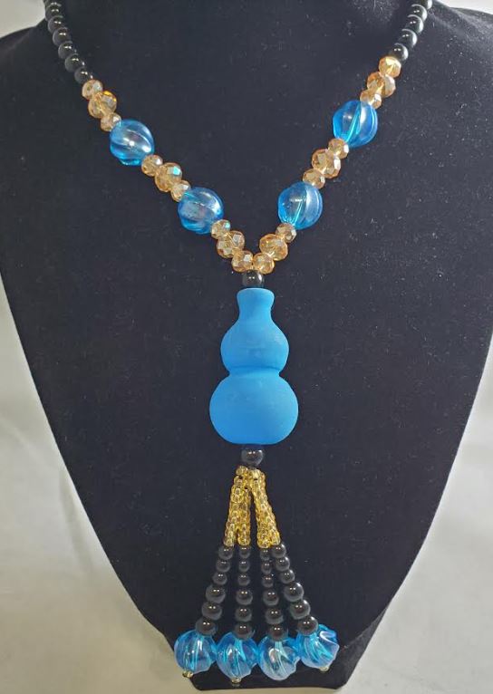 AZ17 Black Bead Fashion Blue Glass Long Necklace With Free Earrings - Iris Fashion Jewelry