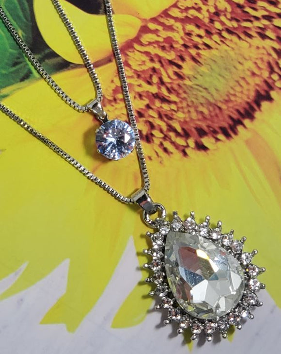 AZ560 Silver Crystal Teardrop Gemstone Necklace with FREE Earrings
