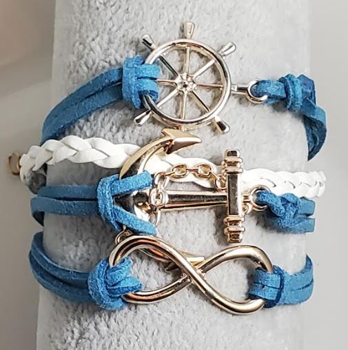 AZ568 Turquoise & White Ship Wheel Anchor Infinity Leather Layer Bracelet