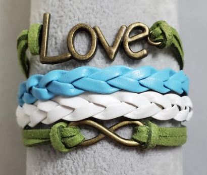 AZ1369 Green White Blue Love Infinity Layer Leather Bracelet