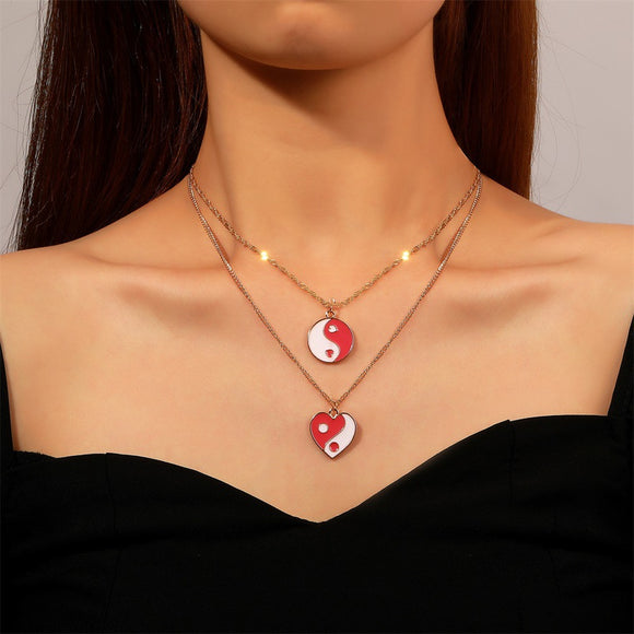 N179 Gold Pink Yin Yang Heart Layered Necklace with FREE Earrings - Iris Fashion Jewelry