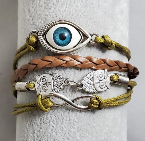 AZ1502 Brown Eye Owl Infinity Layer Leather Bracelet