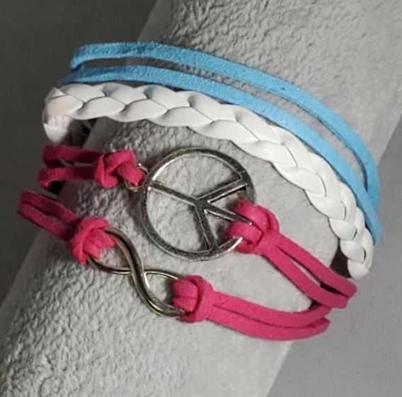 B574 Hot Pink Light Blue Peace Sign Infinity Leather Bracelet - Iris Fashion Jewelry