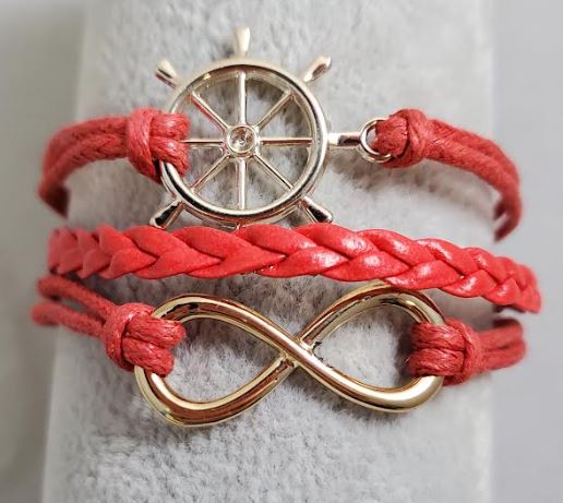 AZ1351 Red Ship Wheel Infinity Layer Leather Bracelet