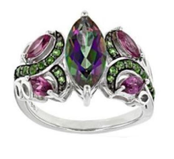 R09 Silver Iridescent Gem Green & Purple Rhinestones Ring - Iris Fashion Jewelry