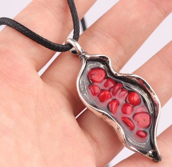 AZ672 Silver Pomegranate Design on Long Leather Cord Necklace with FREE EARRINGS