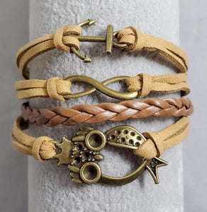 AZ1481 Brown Anchor Owl Infinity Layer Leather Bracelet