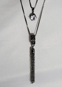 AZ1142 Gun Metal Rhinestone Hoop Tassel Necklace with FREE Earrings