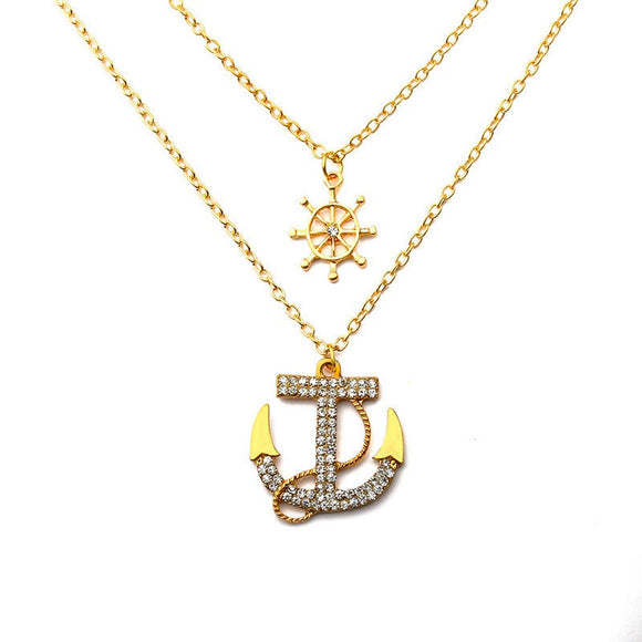 N624 Gold Crystal Rhinestone Anchor & Ship Wheel Necklace with FREE Earrings - Iris Fashion Jewelry