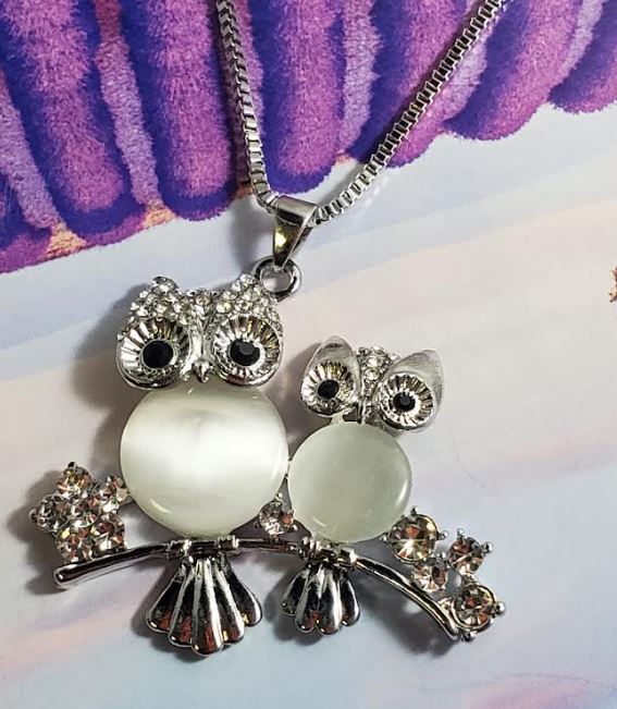 N360 Silver Moonstone Mommy & Baby Owl Necklace with FREE Earrings