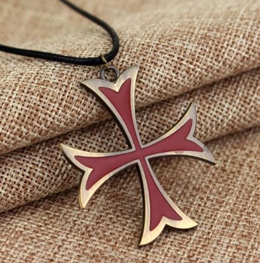 AZ670 Gold Red Templar Cross on Leather Cord Necklace with FREE EARRINGS