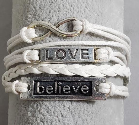 AZ761 White Believe Love Infinity Leather Layer Bracelet