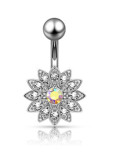 P136 Silver Iridescent Center Rhinestone Flower Belly Button Ring - Iris Fashion Jewelry