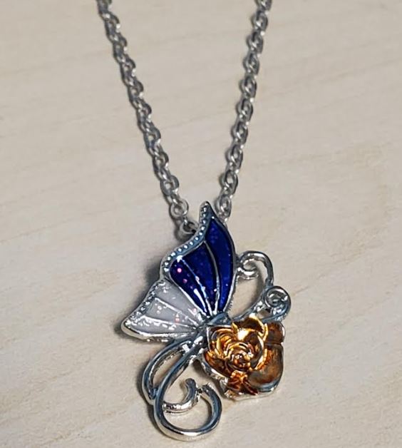 N1759 Silver Blue Glitter Butterfly Rose Gold Rose Necklace with FREE Earrings - Iris Fashion Jewelry