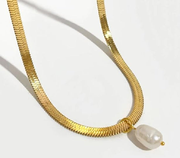 AZ665 Gold Flat Chain with Pearl Choker Necklace with FREE EARRINGS