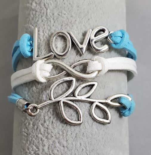 AZ1167 Light Blue & White Love Leaf Infinity Layer Leather Bracelet