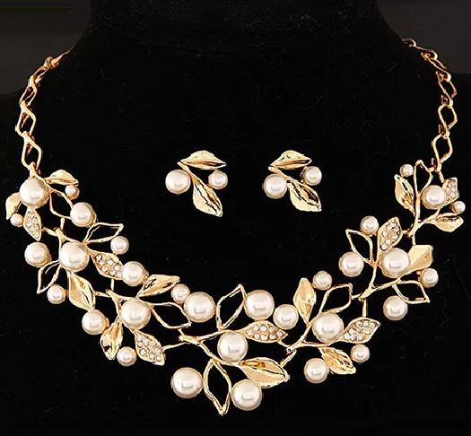 AZ34 Gold Gems & Pearls Branch & Leaves Necklace with FREE Earrings - Iris Fashion Jewelry